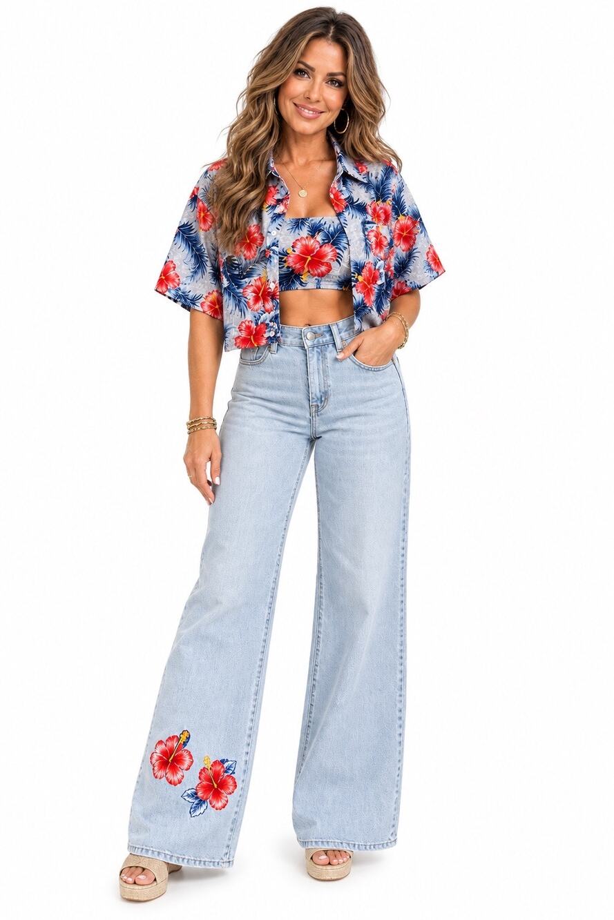 Custom Upcycled Hawaiian Hibiscus 3 Piece Set Risen Jeans Sz 11/30